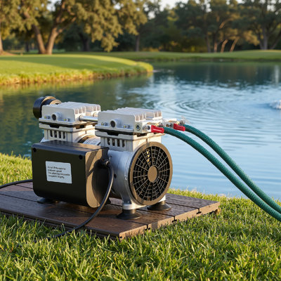 Aérateur de bassin, système d'aération de 5,2 pi³ / min pour les Lacs jusqu'à 3 acres, compresseur d'air 3/4 HP, 2 diffuseurs et tube et minuterie lestés de 100 pi, pompe d'aération de bassin extérieure pour la circulation d'oxygène en eau profonde