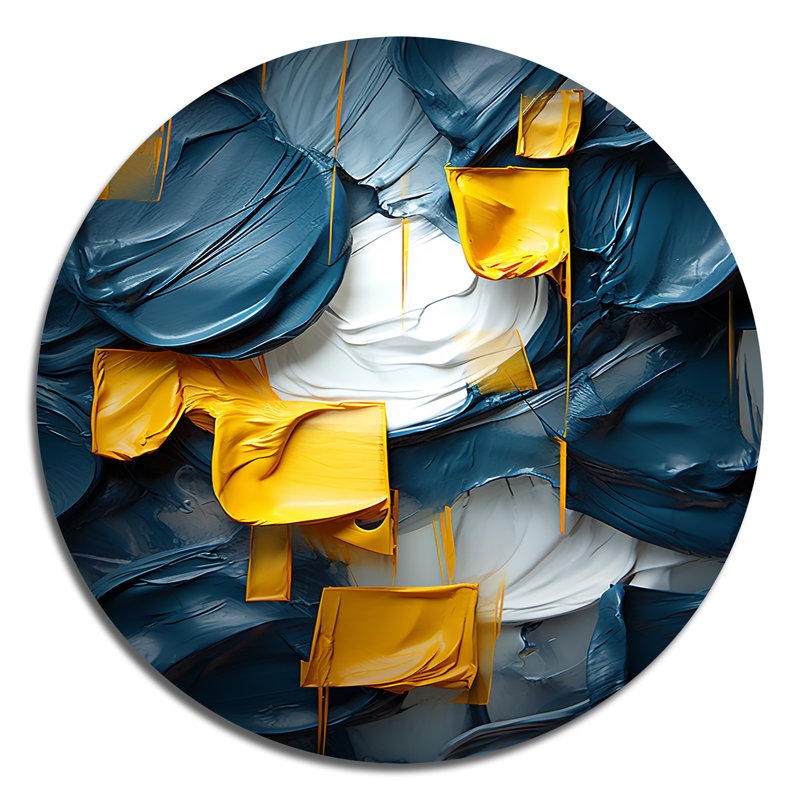 Spring Bliss abstrait turquoise et jaune I - Art abstrait rond en métal, H 36 po x l 36 po