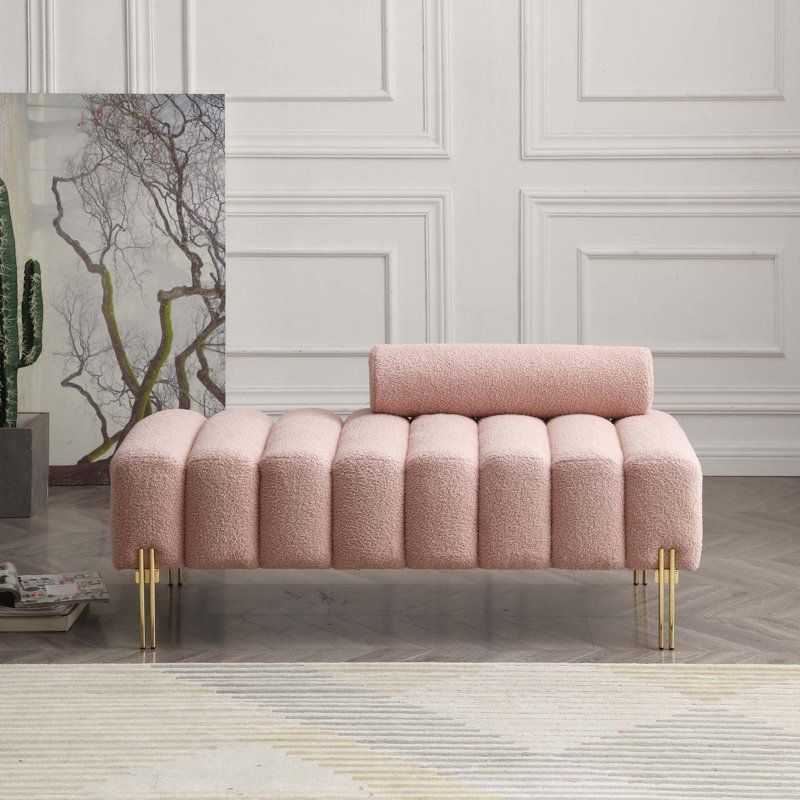 53" Sherpa Upholstered Bench End Of Bed Bench with Adjustable Back and Metal Leg, Rose