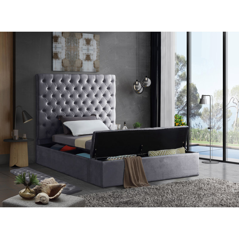 Lit plateforme tapissier avec rangement Johnnay, Simple, Velours gris