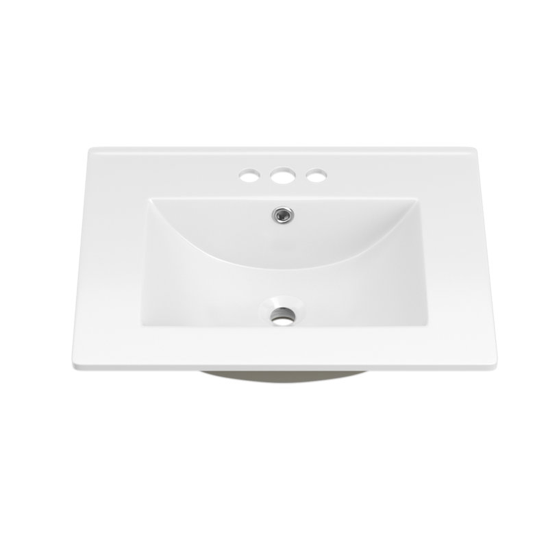 Comptoir de meuble-lavabo 24 po x 18¼ po à trois trous, comptoir en céramique avec trop-plein, vasque rectangulaire encastrée, blanc brillant