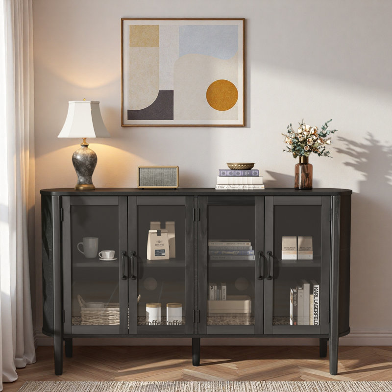 Buffet moderne avec portes en verre et tablettes réglables, Noir