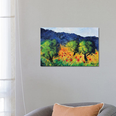 Olive Trees And Red Poppies by Pol Ledent - Wrapped Canvas Painting