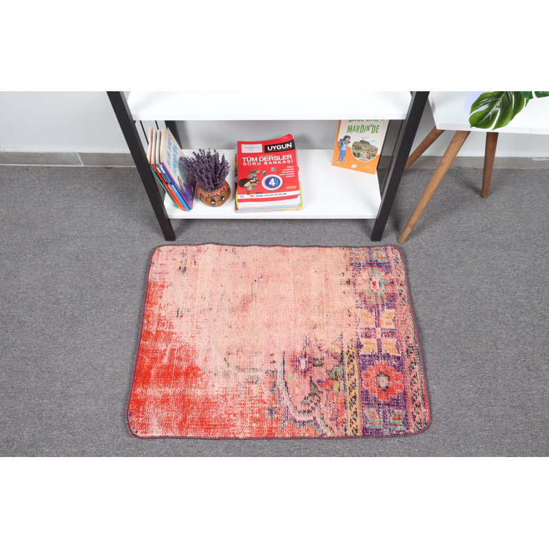 Tapis traditionnel turc traditionnel en laine idéal pour la porte d'entrée ou la salle de bain avec motif Oushak délavé en rouge