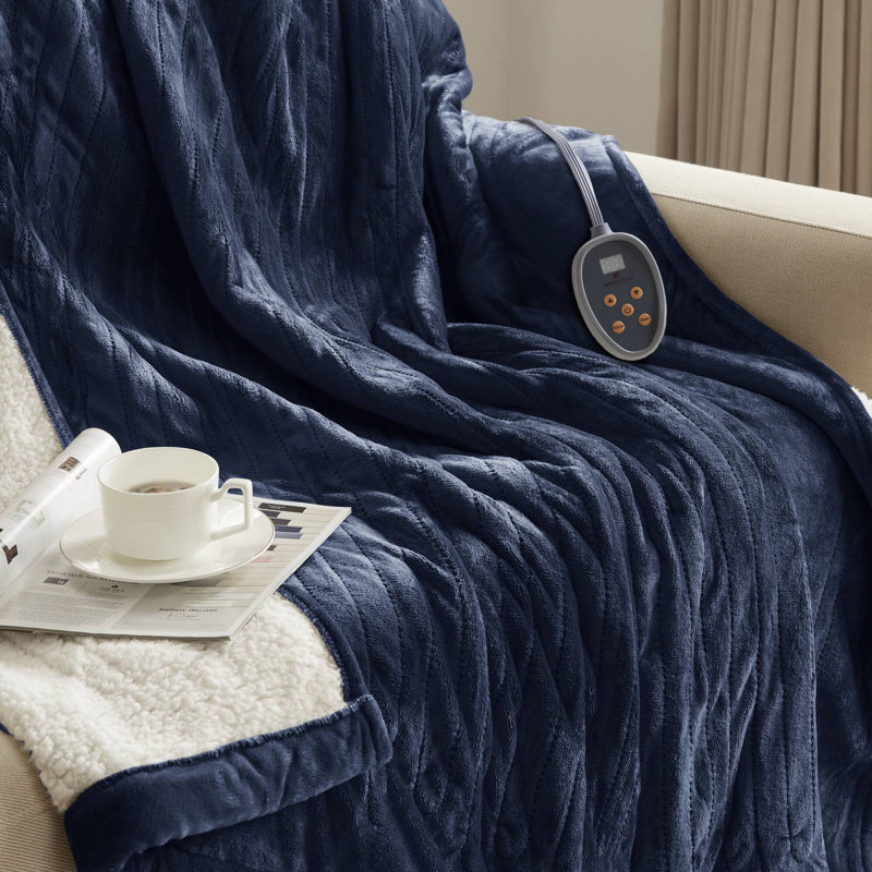 Indigo Queen Heated Plush to Berber Reversible Blanket
