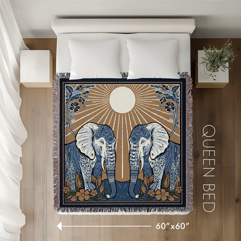 Jeté en mélange de coton Lim Elephant, Noir / bleu / rouge, L 60 po x l 60 po