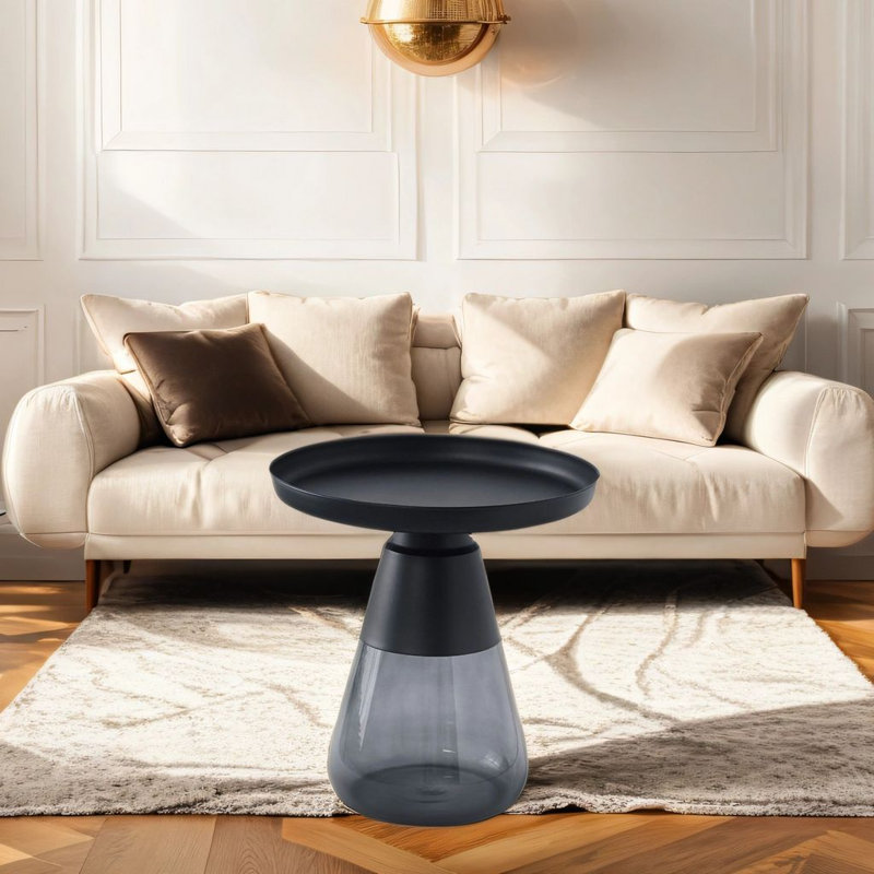 Table d'appoint ronde Aeryn de 19 po avec plateau en titane noir et piètement en verre gris fumé émeraude, Noir, Noir
