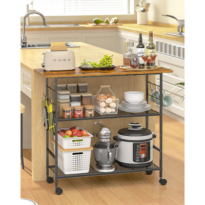 Kitchen Island With 3 Shelves, Rolling Kitchen Cart With 6 Hooks And Protective Shelf, Microwave Stand On Lockable Wheels, Baker’S Rack Coffee Bar For Dining Room, Living Room, Or Outdoor Use, Metal Frame