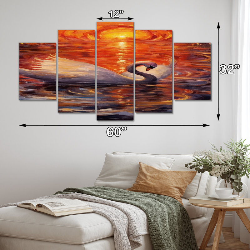 Cygne blanc au coucher du soleil majestueux - animaux, art mural de salon, 5 panneaux