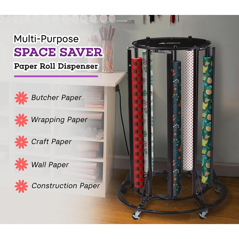 Black Metal Large Paper Roll Dispenser with Wheels