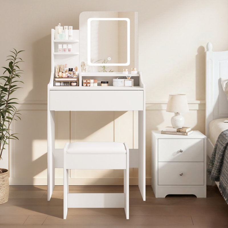 Makeup Vanity Desk With Stool, Mirror, and Light, White