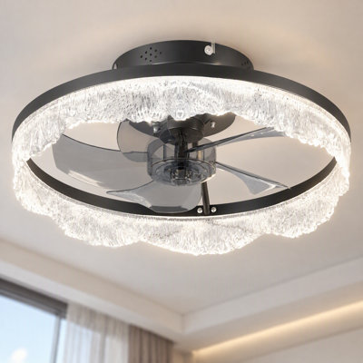  16" Modern Black Ceiling Fan with Light & APP Remote Dimmable Wave-Shaped  Flush Mount Fandelier