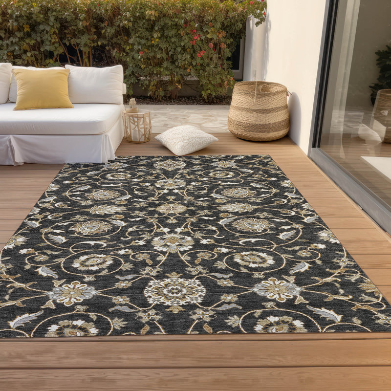 Black and Beige Rectangular Washable Synthetic Rug
