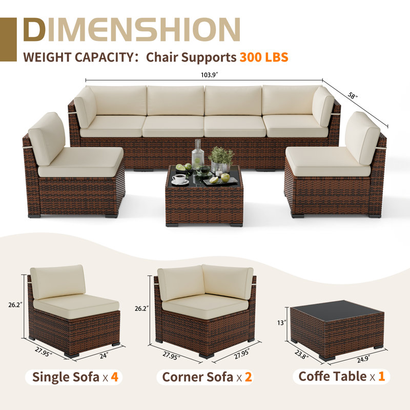 6 Person Rattan Sectional Seating Group With Cushions, Beige, No