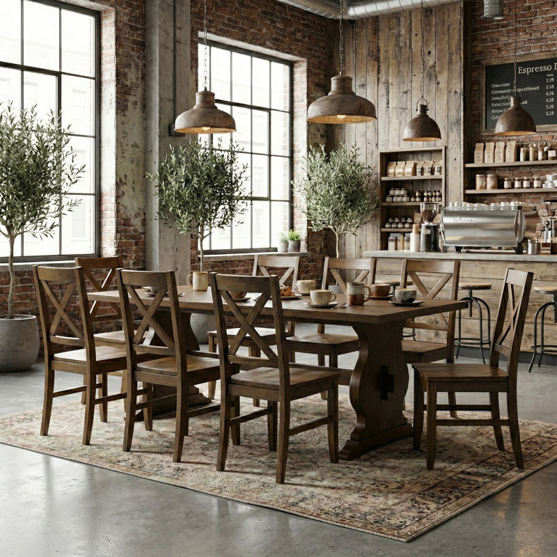 Almeda Traditional 70.8" Rectangular Dining Table Set, 9 Pieces: Table, 8 Chairs, Brown