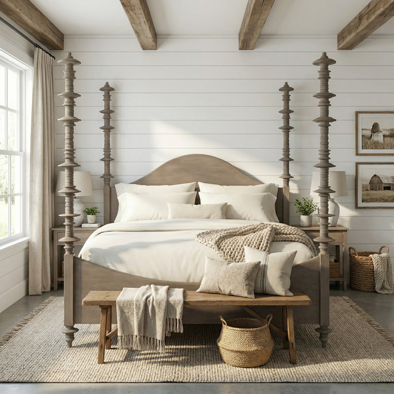 Ferret Solid Wood Four Poster Bed, California King, Weathered