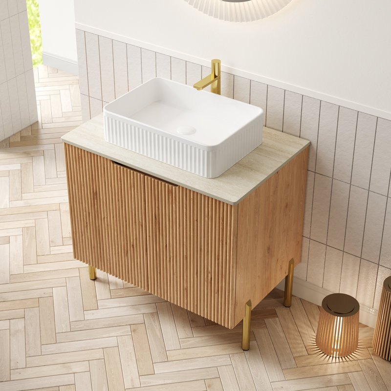Gustau Freestanding Vanity, White Rectangle, Natural Wood