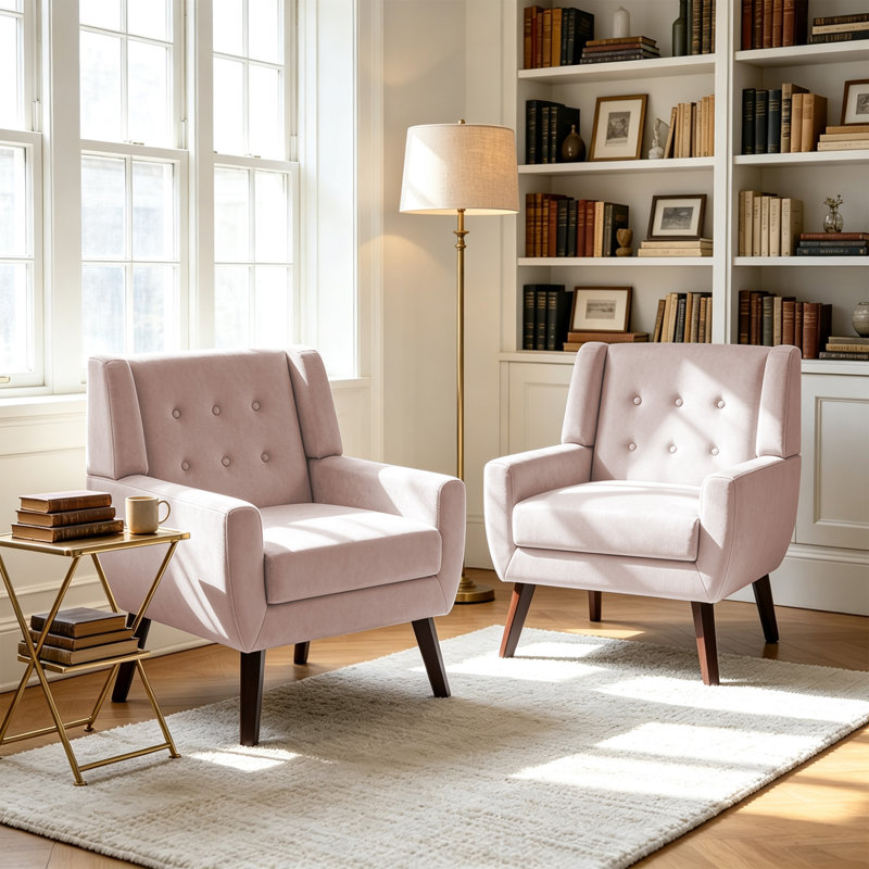 Fauteuil Davey rembourré en velours rose avec dossier large et pieds en bois massif, Velours peau de rose