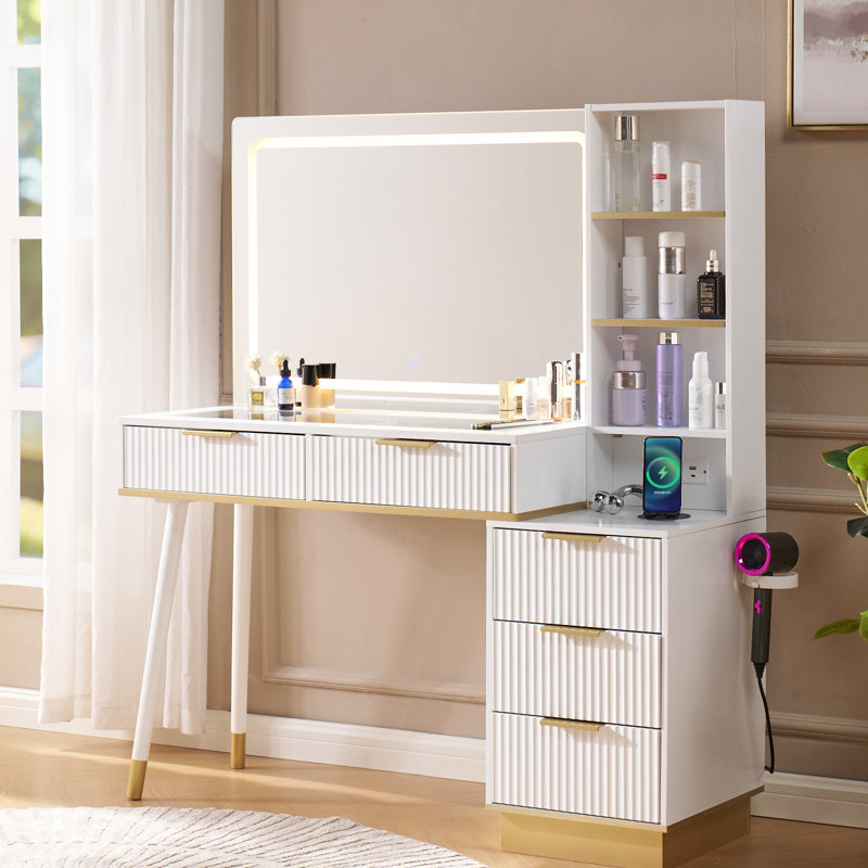 Grand meuble-lavabo avec tiroirs et lumière réglable Lilliani, blanc, Blanc