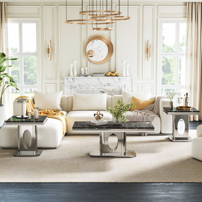 3-Piece Faux Marble Table Set, 46.85" Coffee Table With 22.83" End Tables, Oval Cutout Base With Mirrored Stainless Steel Frame