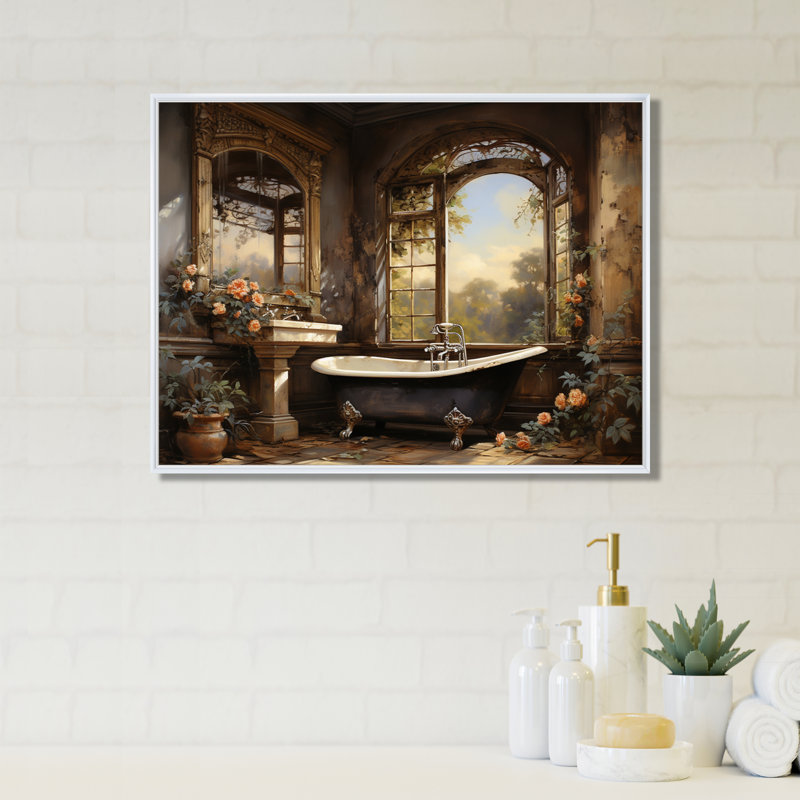 «Bathroom Vintage Elegance I» - Art mural de salle de bain, H 16 po x l 32 po x P 1 po, Cadre flottant blanc