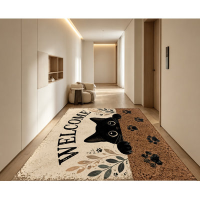 Black Cat Cute Kitten Paw Print Welcome Non‑Slip Velvet Area Rug, Decorative Floor Mat, Funny Home Decor for Foyer, Patio, Living Room, Kitchen, Apartment