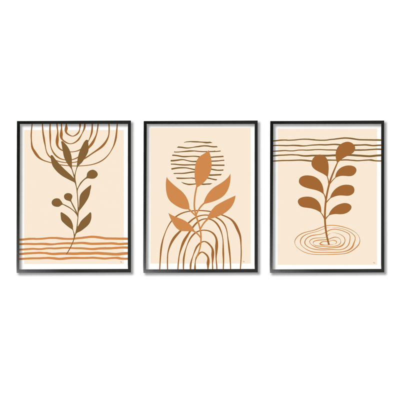 Beige Boho Sprouts, impression sur bois, 3 pièces, H 20 po x l 48 po x P 1,5 po, Giclée encadrée noir minuit