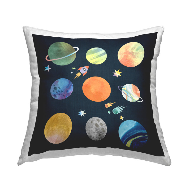 Conception de coussin décoratif de fusée, système solaire, planètes de l'espace par Daphne Polselli