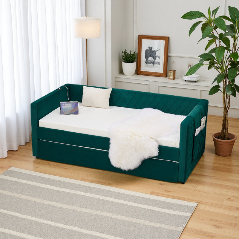 Velvet Daybed, Sturdy Wooden Bed Frame, Modern Diamond Grid Pull-Out Design For Bedroom, Living Room Furniture, Emerald