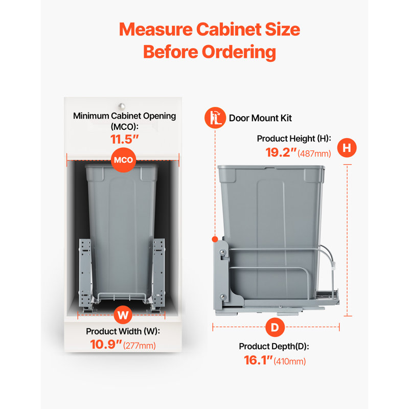 Poubelle coulissante pour armoires de cuisine, bac à déchets de 35 pintes (32,7 L), bac à déchets sous plan, sous comptoir, avec système de fermeture douce coulissant en métal robuste et ensemble de porte.