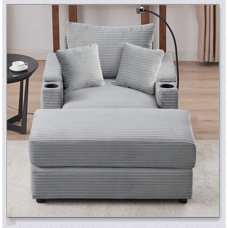 Modern Style Single Sofa With Storage, Ottoman, USB Ports, Cup Holders, And Phone Holder For Living Room, Gray