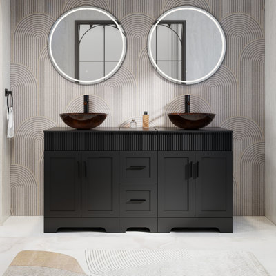 Ensemble de meuble-lavabo à double cuve 60 "avec plateau en bois manufacturé, lavabos, robinets et drains Akron