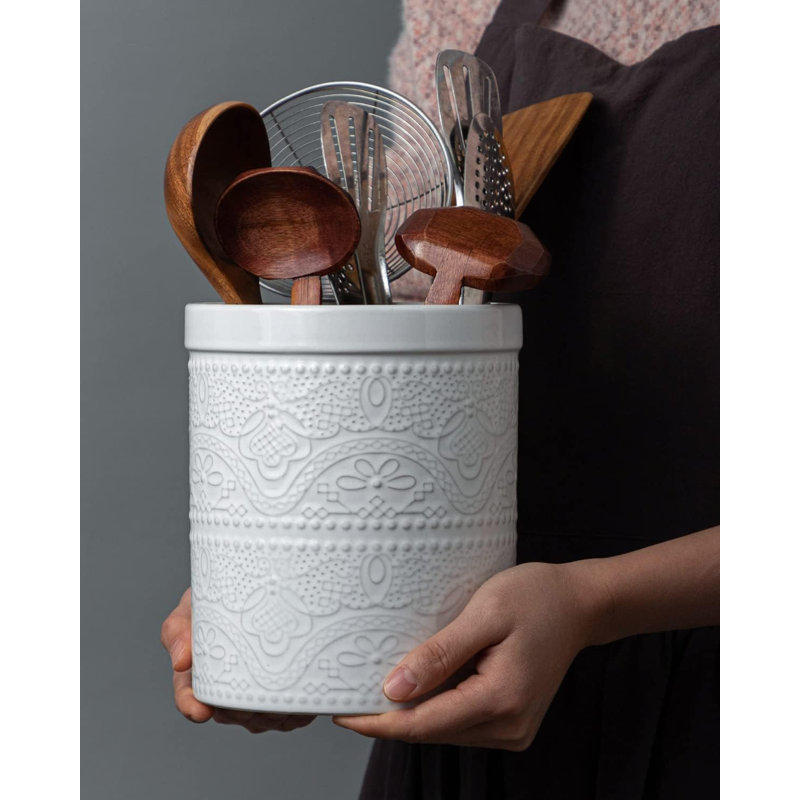 Porte-ustensiles de cuisine, porte-ustensiles super grand et stable en céramique embossée en céramique 7,2 po pour comptoir de cuisine (blanc éclatant)