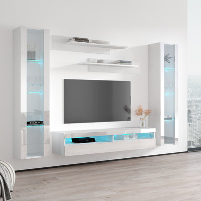 100" Modern Floating Wall Mounted Entertainment Center with 16-Color LED Lighting, High Gloss Finish