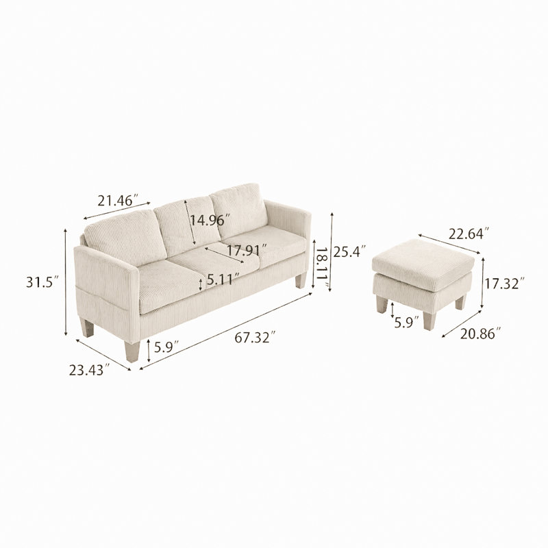 88.17" Upholstered Reversible Sectional Sofa Couch with Ottoman for Living Room, Off White