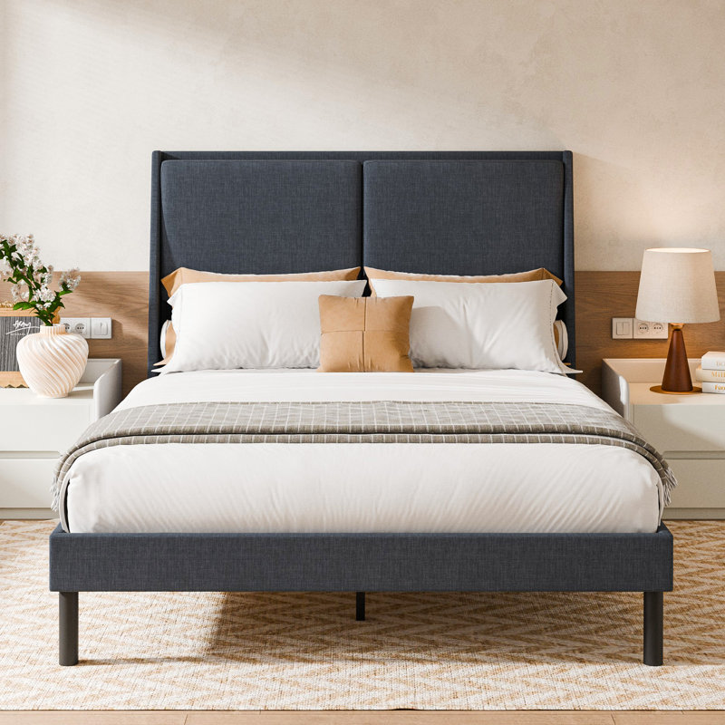 Double Backrest Platform Bed Frame With 51.2" Upholstered Headboard And Wooden Slats, Queen, Navy Blue