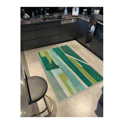 Green Themed Abstract Geometric Patterned Fringed Modern Decorative Rug