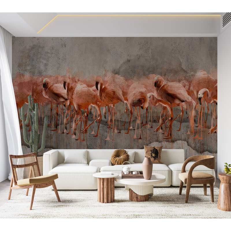 Adhésif mural pelez et collez - Flamants roses sur fond de béton, L 41 po x l 57 po