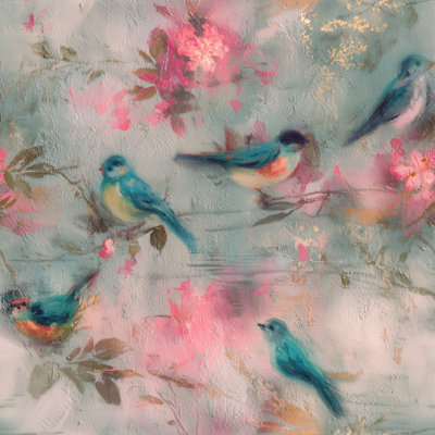 Birds Wallpaper Floral Blossoms Teal Blue Decorative Mural