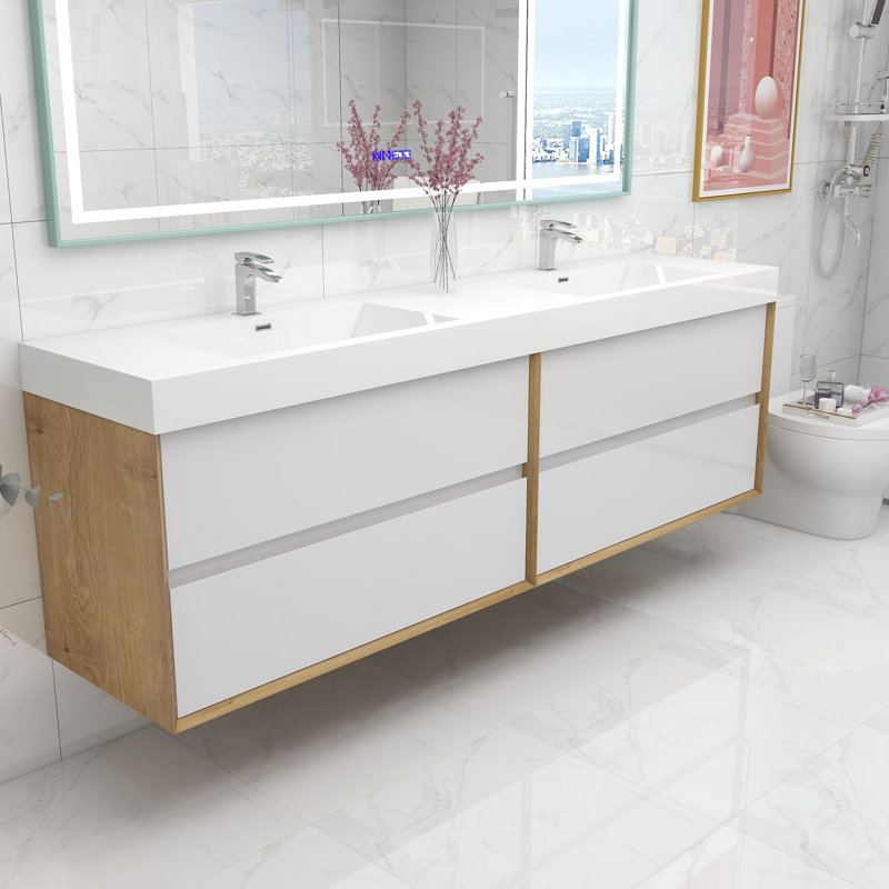 83.4'' Double Bathroom Vanity with Acrylic Top, Glossy White