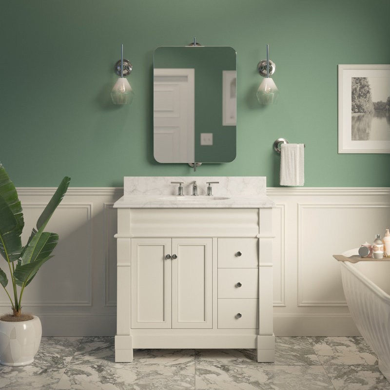 Flo 36'' Single Bathroom Vanity with Carrara Marble Top, White, Marble