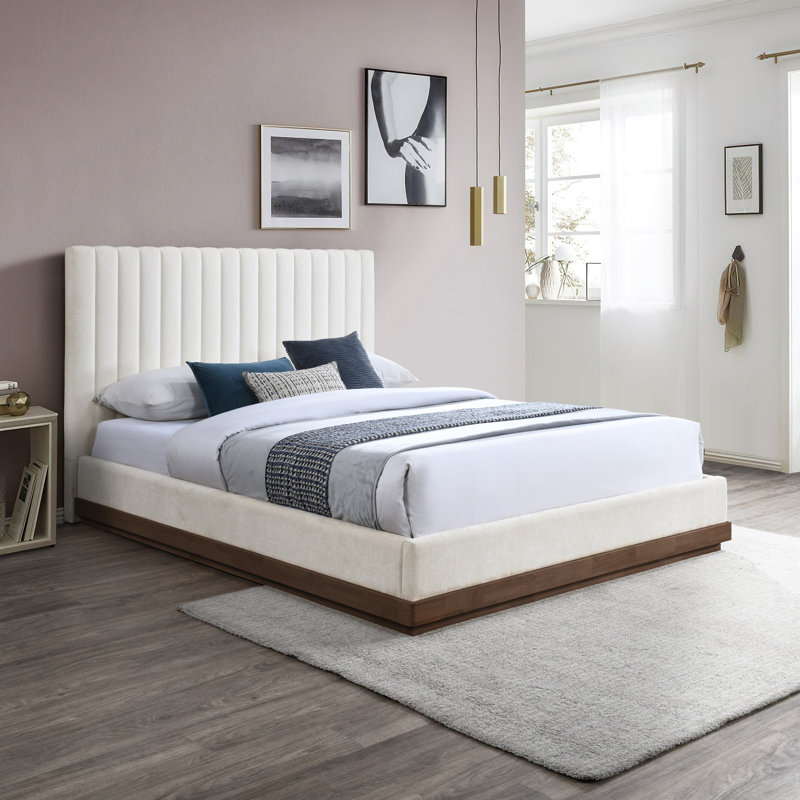 Emmet Chenille Fabric Bed, Cream Chenille Fabric / Natural Oak, King