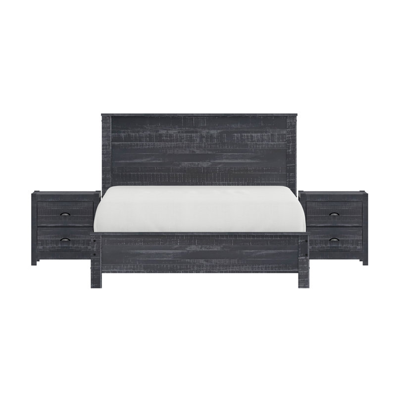 Cadre de lit en bois massif robuste avec 2 tables de chevet Albany, Double, Gris