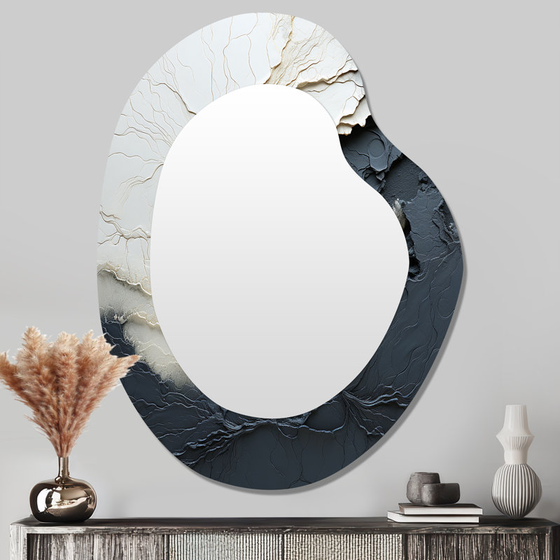 Minimalism Black And White Paint Wave III - Coastal Unique Shape Decorative Wall Mirror, Cream Asymmetrical Large Mirror, Printed Metal Art