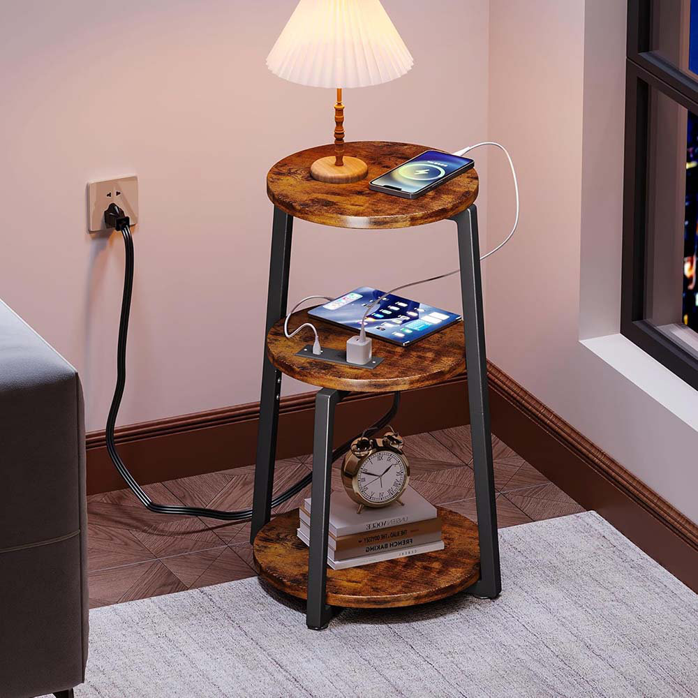 17 Stories Round End Table With Charging Station 3 Tier Small Bedside 17 Stories Round End Table With Charging Station 3 Tier Small Bedside