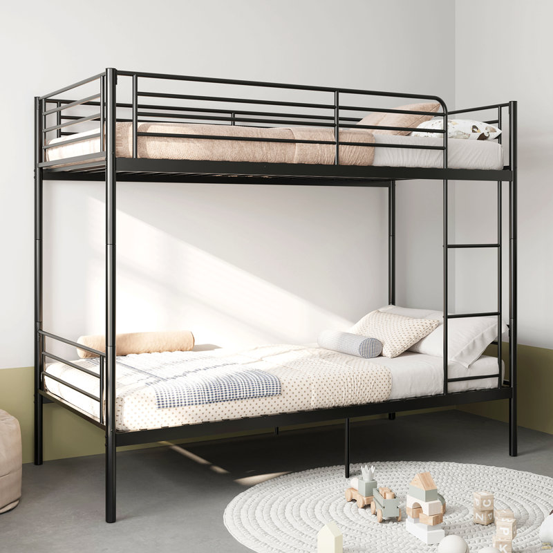 Lit superposé avec échelle et garde-corps haut, barres transversales de 19 lits, capable de se séparer, lit superposé en métal, espace de rangement, silencieux, lit simple au-dessus d'un lit simple, noir