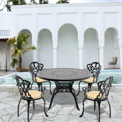5 meubles de patio en aluminium avec coussins - table ronde noire, confortable, résistant aux températures élevées, à l'usure et au bruit, 4 sièges, patins, coussins d'usure, sièges