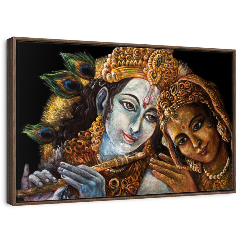 Magnifique Radha Krishna, 13 po x 9 po, Cadre flottant noyer