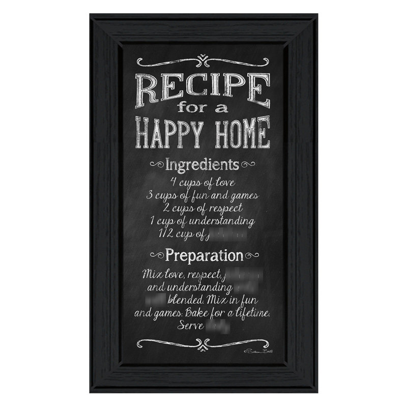 «Recipe For A Happy Home», reproduction encadrée, papier multicolore, H 21 po x l 12 po x P 1 po, cadre noir, prêt à accrocher