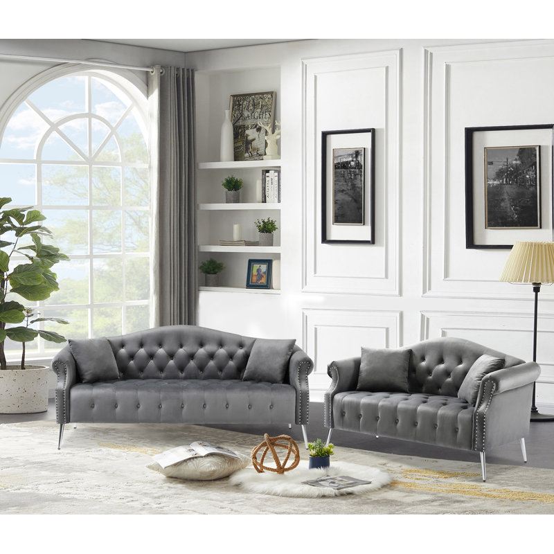 Ensemble de canapé classique en velours Chesterfield, Velours gris